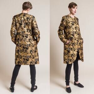 Urban Zen Reefer Floral Black Gold Brocade Jacquard Oversized Jacket M NWT Italy